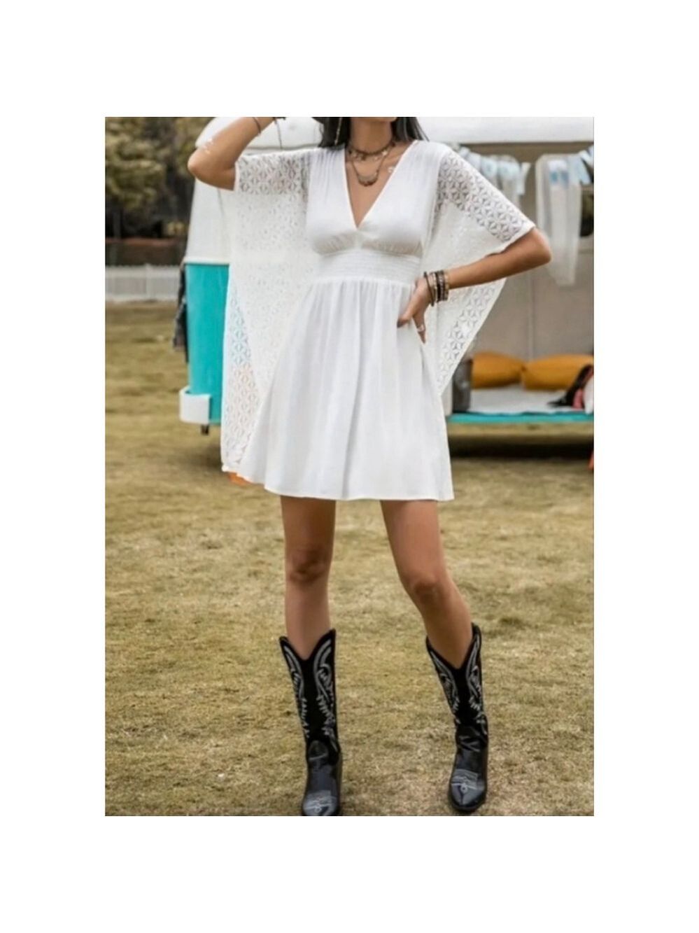 Rustty Dustty White Bohemian Lace Sleeve Mini Dress Size L NWT